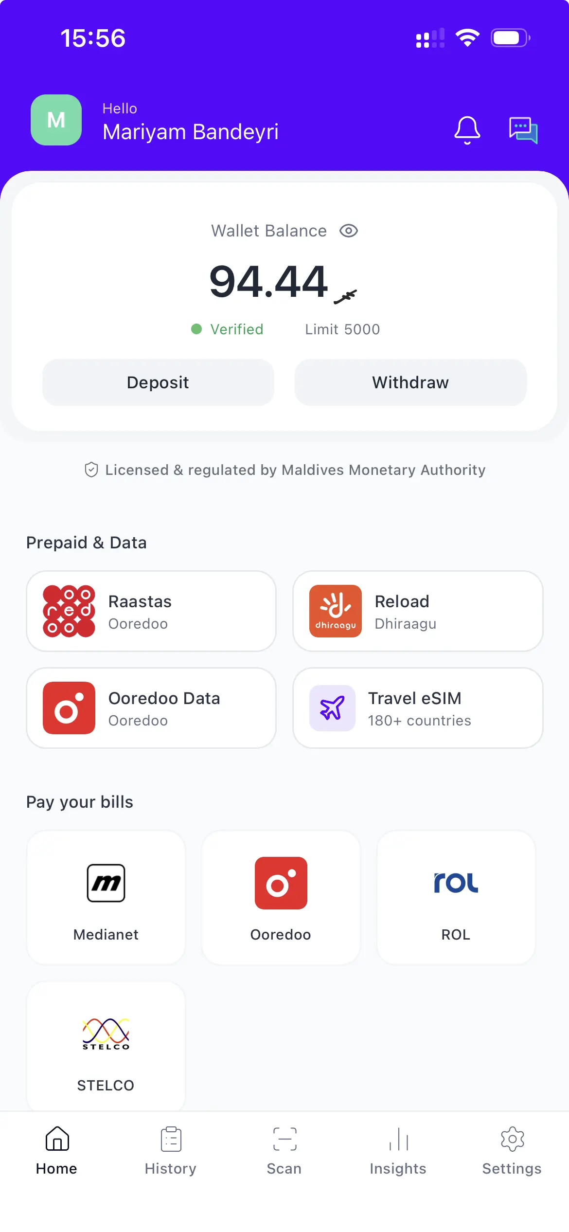 The Payer app home screen, showing a wallet balance with deposit and withdraw actions, prepaid top-up options, and shortcuts for paying bills